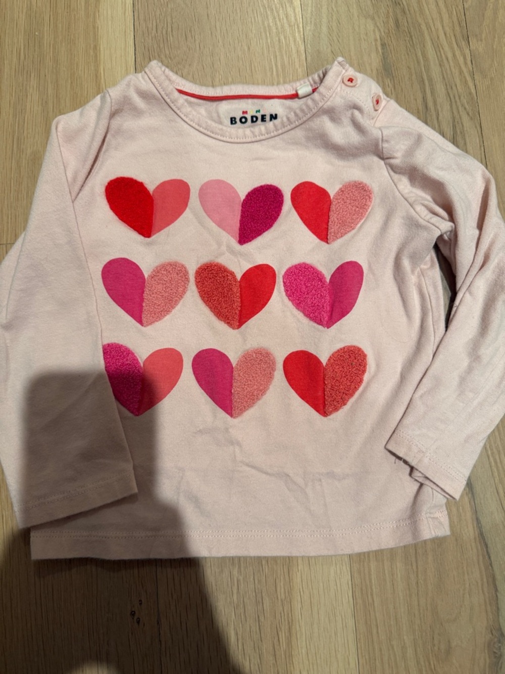 Mini Boden Light Pink Long Sleeve Top with Red & Pink Heart Appliqués